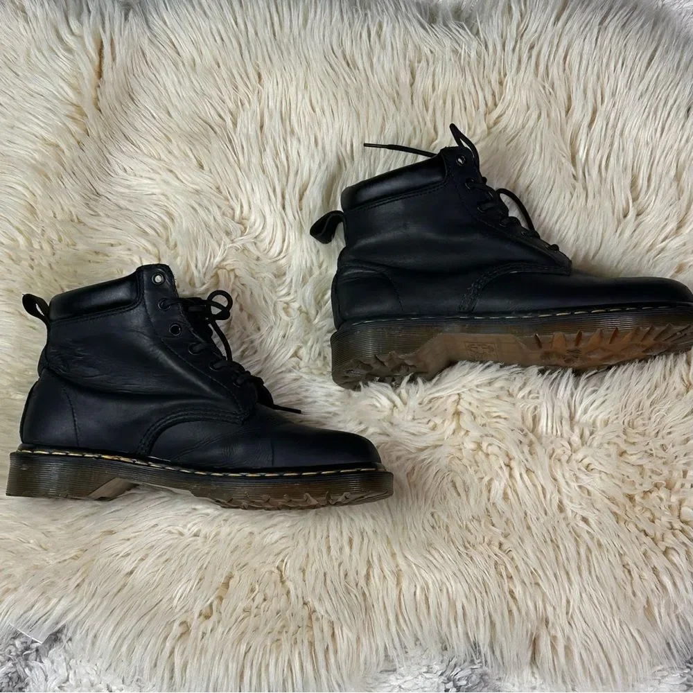 Dr. Martens Black Leather Lace-Up Ankle Boots with Yellow Stitching